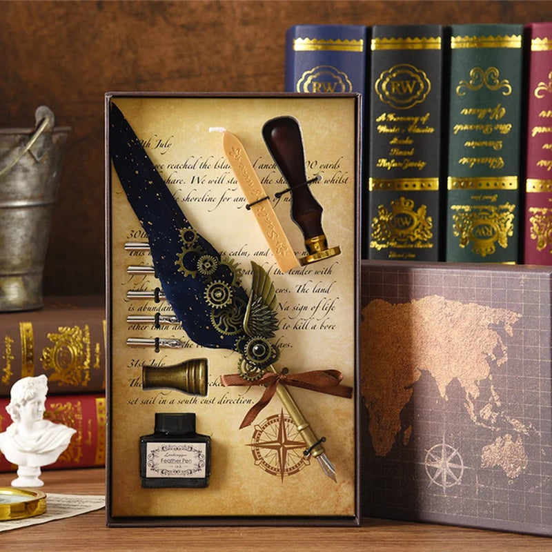 Steampunk Creative Feather Pen Set with 5 Nibs Ink Bottle Stamp