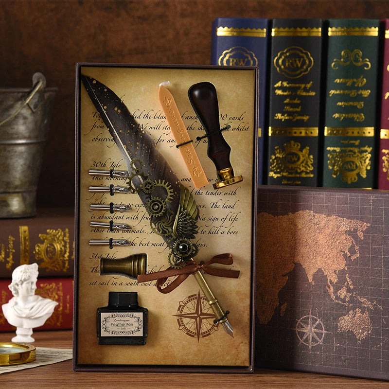Steampunk Creative Feather Pen Set with 5 Nibs Ink Bottle Stamp