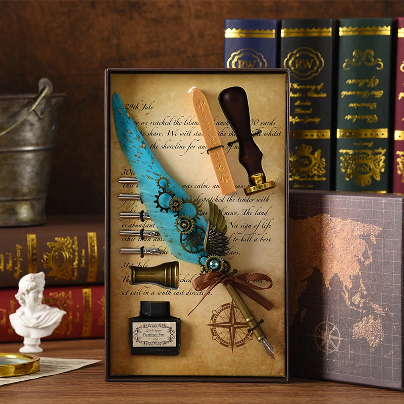 Steampunk Creative Feather Pen Set with 5 Nibs Ink Bottle Stamp