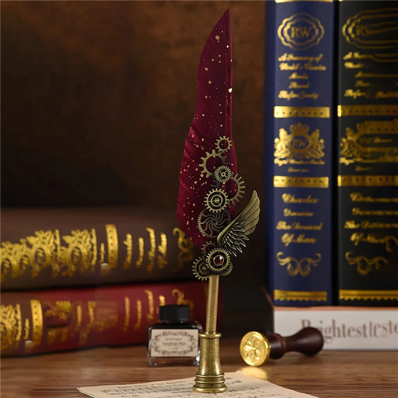 Steampunk Creative Feather Pen Set with 5 Nibs Ink Bottle Stamp