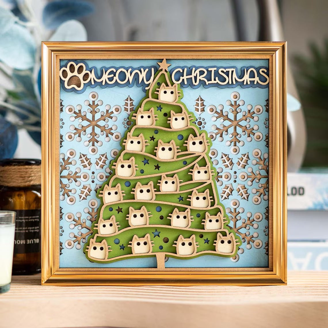 Christmas Cat Wooden Wall Art: Multi-Layer Mandala, Holiday Decor