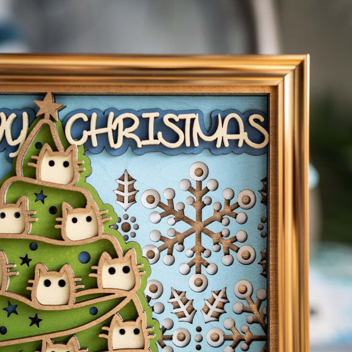 Christmas Cat Wooden Wall Art: Multi-Layer Mandala, Holiday Decor