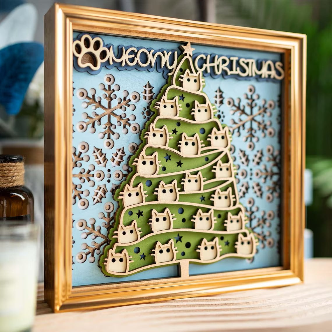 Christmas Cat Wooden Wall Art: Multi-Layer Mandala, Holiday Decor