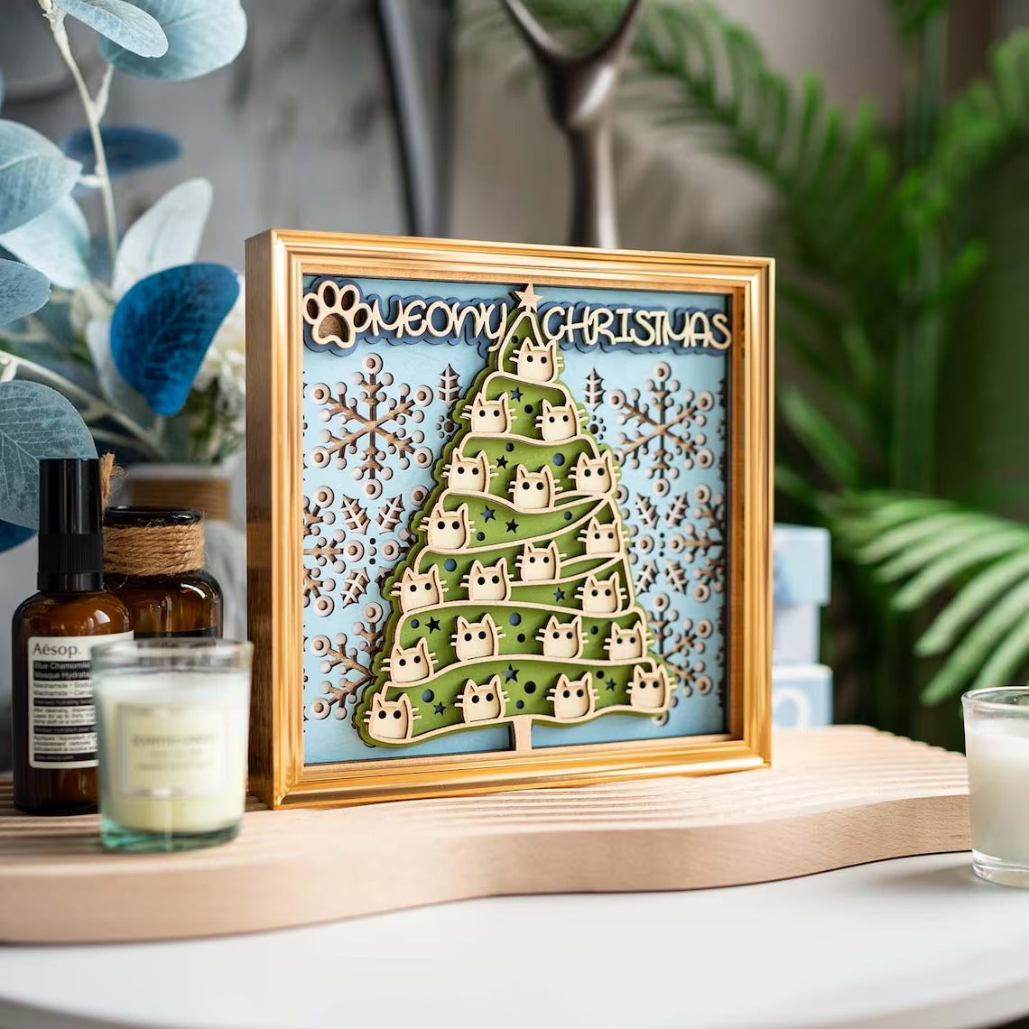 Christmas Cat Wooden Wall Art: Multi-Layer Mandala, Holiday Decor