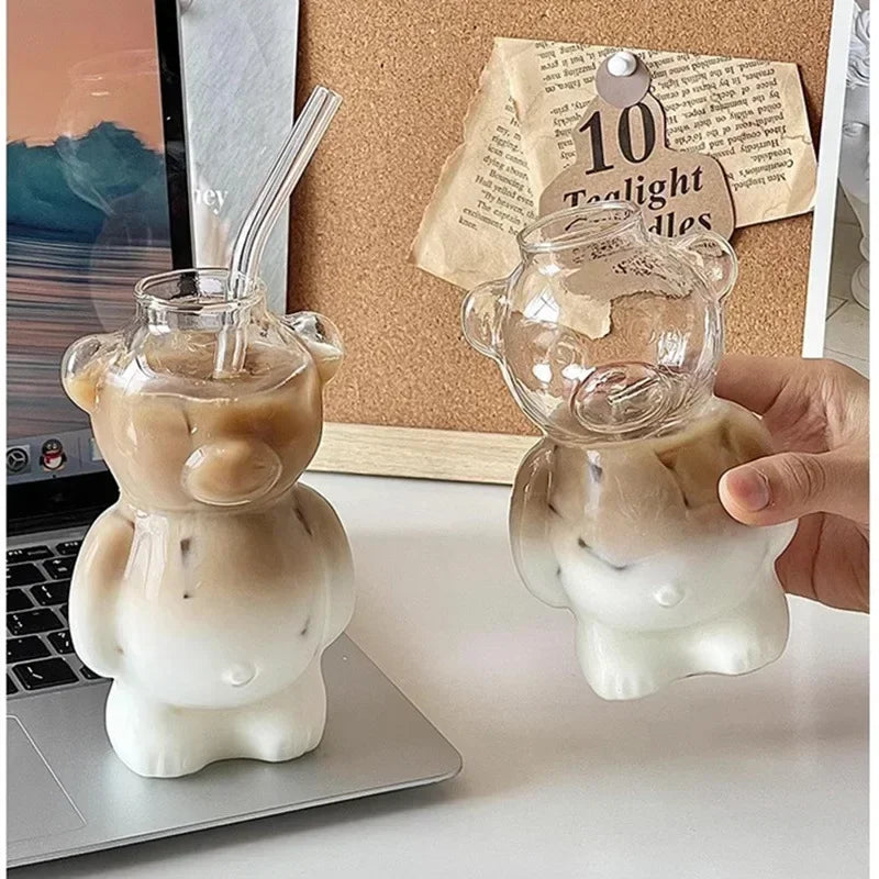 Taza de café de cristal con forma de oso feliz