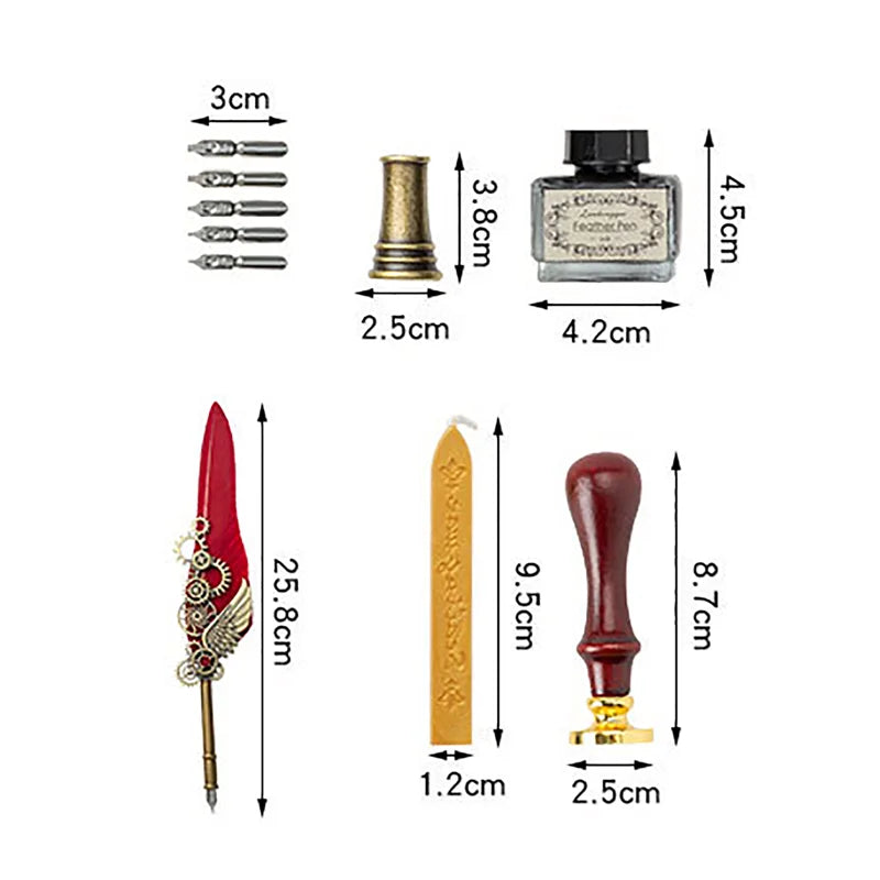 Steampunk Creative Feather Pen Set with 5 Nibs Ink Bottle Stamp