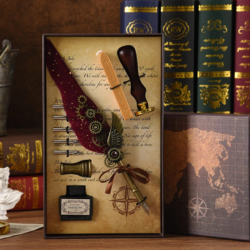 Steampunk Creative Feather Pen Set with 5 Nibs Ink Bottle Stamp