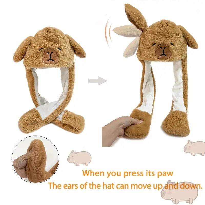 Cute Cartoon Capybara Plush Hat with Moving Ears