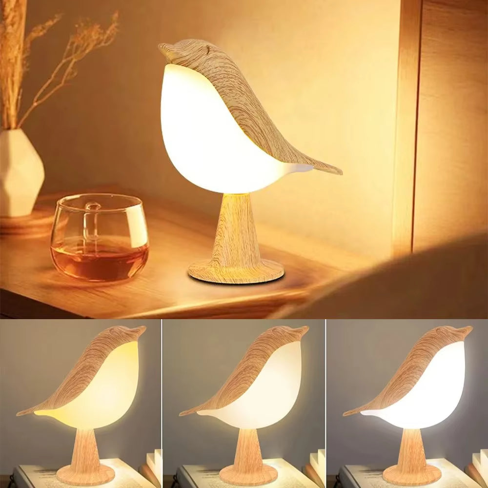 Lámpara de noche LED con forma de pájaro de madera y interruptor táctil