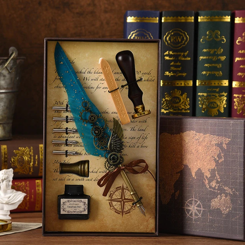Steampunk Creative Feather Pen Set with 5 Nibs Ink Bottle Stamp