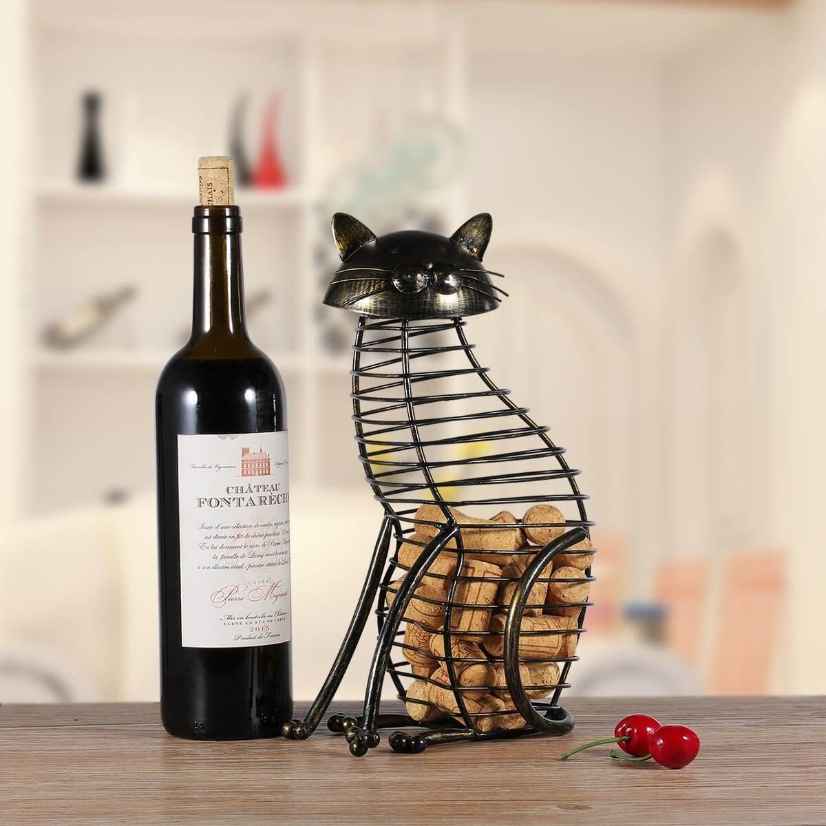 Figuras de gato de metal, contenedor de corcho