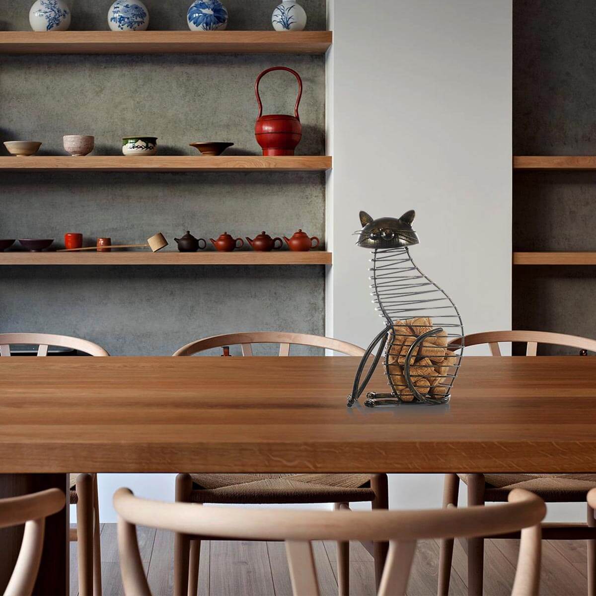 Figuras de gato de metal, contenedor de corcho